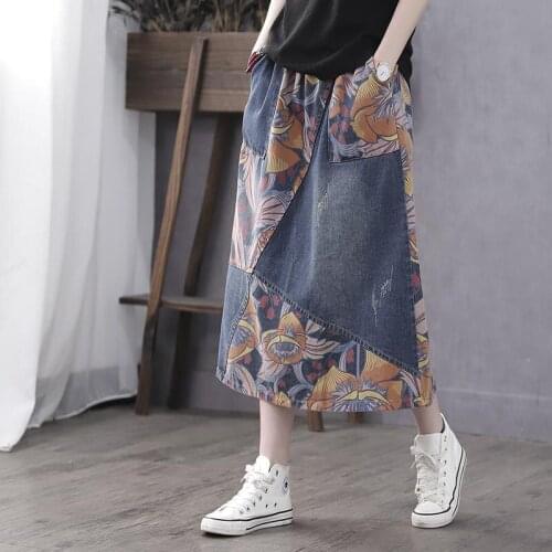 2020 Spring New Arts Style Women Elastic Waist Vintage A-line Long Skirt Patchwork Print Cotton Denim Skirt High Quality S812