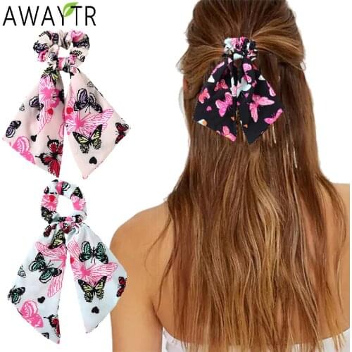 AWAYTR Fashion Floral Butterfly Print Scrunchies Bow Hairbands Ribbon For Women Ponytail Elastic Hair Band Tie Hair Accessories