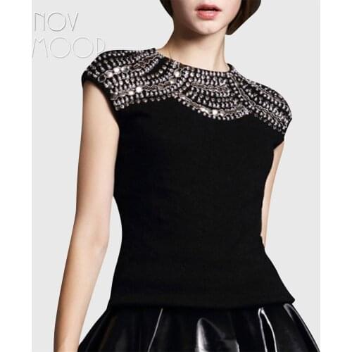 Black grey cotton knitted t shirt women female top beading decor t-shirt short sleeve camisetas mujer camiseta feminina LT572