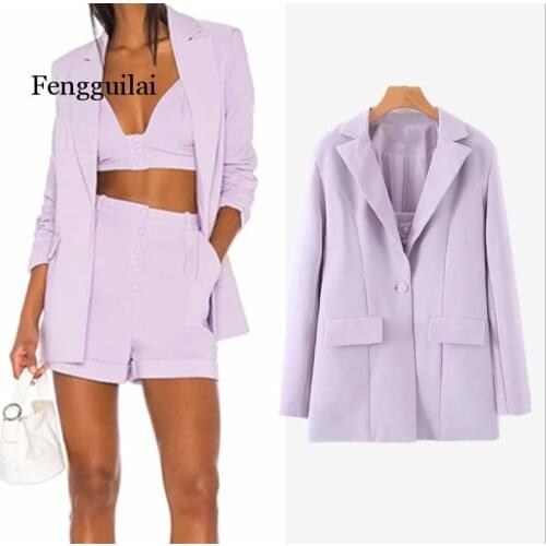 2020 Boyfriend style One Button Mid Long Women Blazer High Waist Loose Shorts Short Pants Long Sleeve Suits 3 Pieces Set
