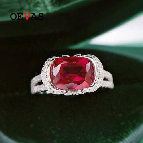 OEVAS 100% 925 Sterling Silver 7*9mm Oval Ruby High Carbon Diamond Rings For Women Sparkling Wedding Party Fine Jewelry Gift