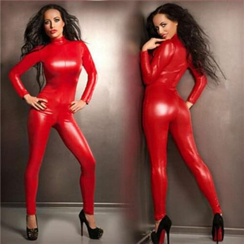 Womens PVC Zipper Catsuit Red Lingerie F1 Racing Queen Fancy Dress Clubwear Racer Bodysuit OUTFIT 040