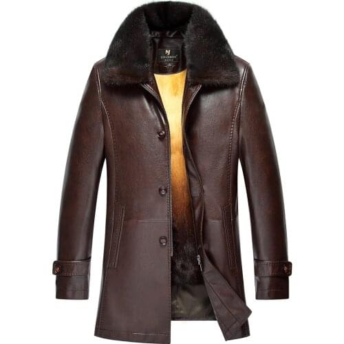 Winter Thicken PU Leather Coat Men Long Section Casual turn-down Collar Leather Coat Warm Jacket Coat