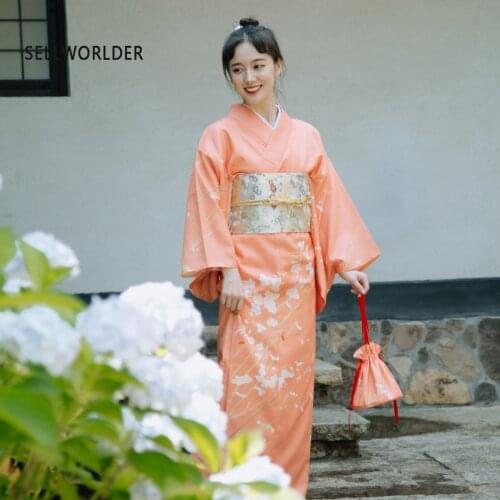 2019 SELLWORLDER Japanese Kimono Style yukata retro Girl orange dress Woman flower print Long Dress with handbag