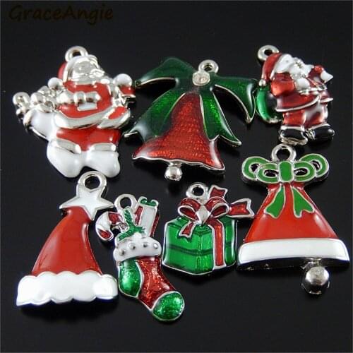 7pcs Mix Style Christmas Decoration Charms Santa Clause Gift Bell Cute Pendant Hanging Art Fantasy Enamel Finding Handmade Tree