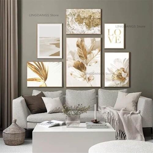 5d Diy Diamond Painting Golden White Flower Leaves Nordic Beige Scenery Diamond Mosaic Embroidery Cross Stitch Home Decor Gift