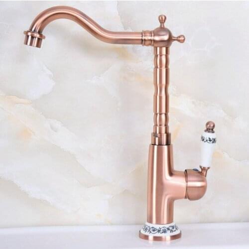 Antique Red Copper Brass Ceramic Base Kitchen Wet Bar Bathroom Vessel Sink Faucet Single Hole Swivel Spout Mixer Tap anf625