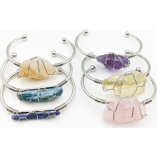 Wire wrapped bracelets natural crystal wire bangles silver plated amethysts rose quartzs citrines blue kyanite gems stone charm