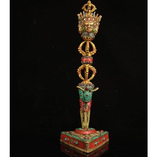 Tibet Temple Collection Old Bronze mosaic Gem outline in gold Three-sided Mahakala Vajra drop the magic pestle Dharma Ornaments