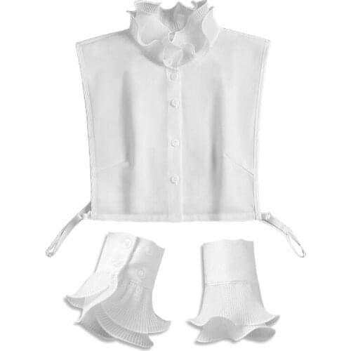 Korean Women 2 Pieces Layered Ruffled Stand False Collar with Fake Sleeves Wristband Set Button Down Detachable Half Shirt Dicke