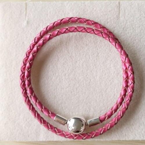 Honeysuckle Pink leather bracelets for women jewelry without charm fit beads charms DIY with 925 sterling silver clasp clipPL009
