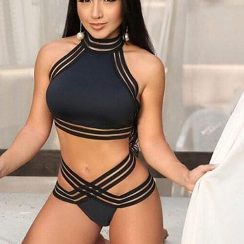 2020Summer New Sexy Mesh Patchwork Bikini Sets Women Push-up Padded Bra Halter High Waist Bikini Set Swimsuit Swimwear Beachwear