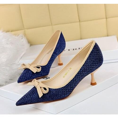 BIGTREE NEW Mixed Color Pumps Women High Heels Shoes Butterfly-knot Pointed Toe Slides Shallow Heel Shoes Fashion Zapatos Mujer