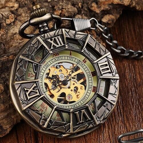 Vintage Big Roman Numerals Spider Wed Hand-winding Mechanical Pocket Watch Men Women Necklace Skeleton Fob Chain Watch Bronze