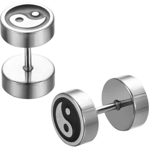 Fashion Women Men Black Round Stainless Steel Goth Simple Ear Studs Earrings 5 Size Punk Earring Punk Cool Jewelry Wholesale