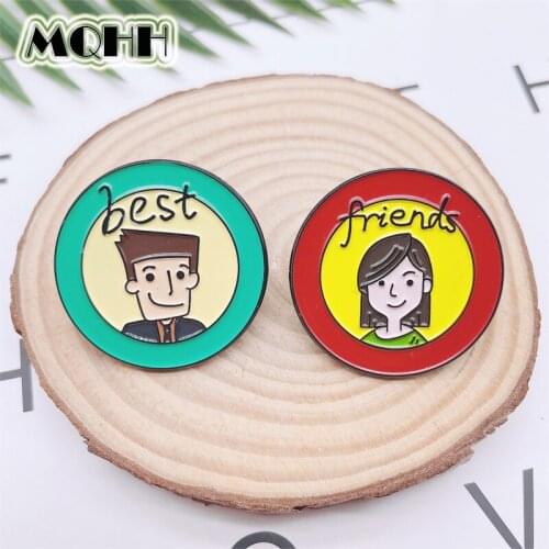 Cartoon Cute Best Friends Pins Round Male Female Character Avatar Couple Enamel Brooch Alloy Badge Sweet Jewelry Gift For Friend