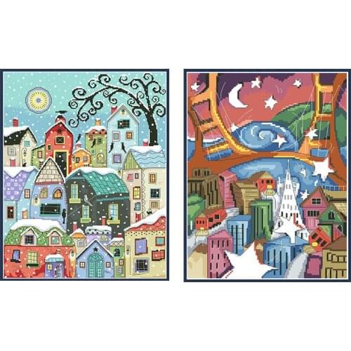 Abstract City View Stamped Cross Stitch Kits Printed Canvas 11CT 14CT Diy Needlework Set Scenery Home Decor Embroidery Paintings