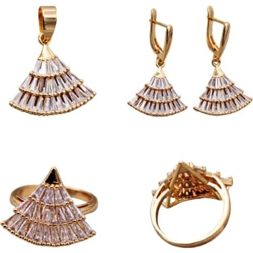 New Fashion Jewelry Sets accessories Hoop Gold Triangle Earrings Rings Necklace Pendent White Stone Zircon Women 3pcs set