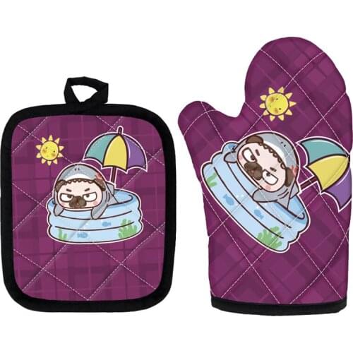 New Cartoon Oven Gloves and Pot Holder Mats 2pcs Heat Resistant Kitchen Tools Kawaii Pug Dog Print Baking Mitten 2021 Hot Sales