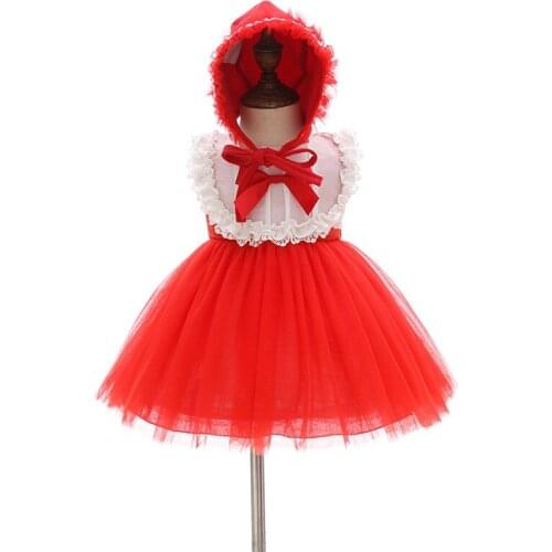 New Girls Dresses with Hat Kids Red and White Lace Tulle First Birthday Christening Dress Formal Baby Baptsim Vestido