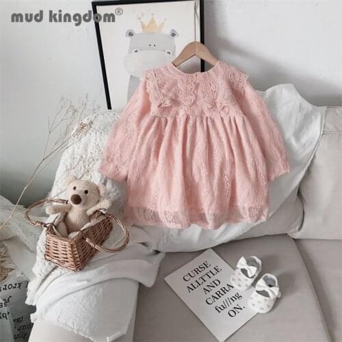 Mudkingdom Fashion Girl Princess Lace Print Turn-down Collar Long Sleeve Solid Princess Dress Kids Drop Shoulder Autumn Clothes