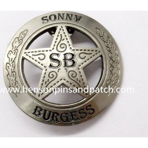 Custom antique silver curved metal star badge
