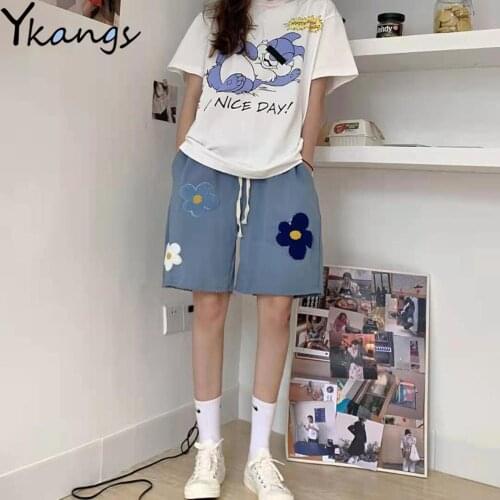 Plus Size Flowers Appliques Harajuku Aesthetic Casual Korean Fashion Women Short Summer High Waist Y2k Sport Biker Shorts Female