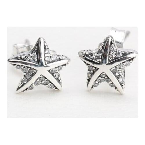 Tropical Starfish Earrings 925 Sterling Silver Star Stud Earrings with Clear CZ Simple Design for Women Fashion Jewelry