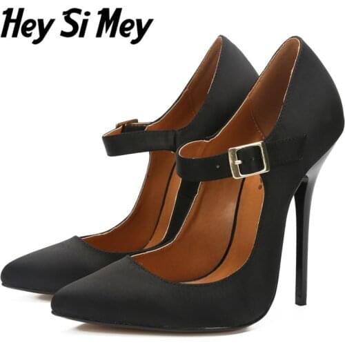 2021 Sexy High Heels Shoes Women 13cm Large Size Pointed Toe Pumps Stiletto Heels Pumps Women Party Office Mary Jane Shoes Silk