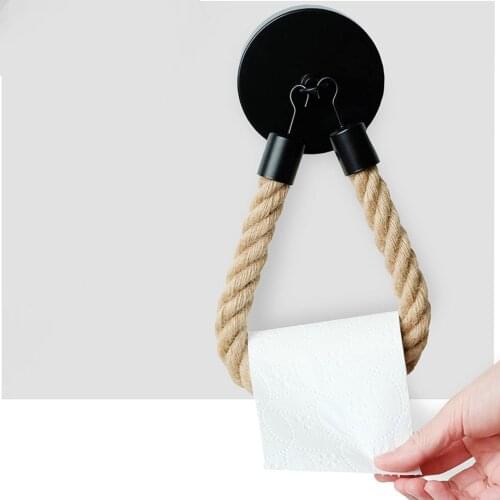 Hemp Rope Toilet Tissue Holder Towel Rack with Iron Hook Painted Matte Wall Mounted Rustic Towel Ring