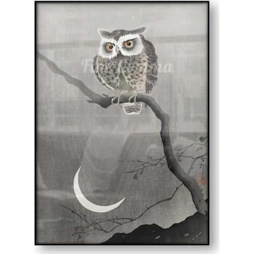 Japanese Art Poster Long Ear Owl on Bare Tree Branch Ohara Koson Woodbock Canvas Print Bird Moon Animal Wall Art Painting Decor