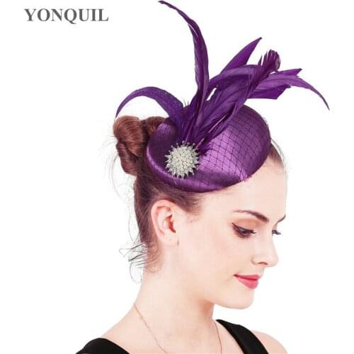 Satin Purple Fascinator Hats Bride Mesh Feather Millinery Elegant Female Party Dinner Headpiece Fashion Headwear Accessories