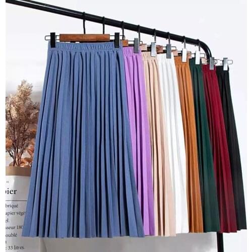 Spring Autumn Ropa Mujer 2021 Fashion Vintage Pleated Skirt Loose Elastic Waist Midi Skirt 6 Colors Optional Khaki Skirts Female