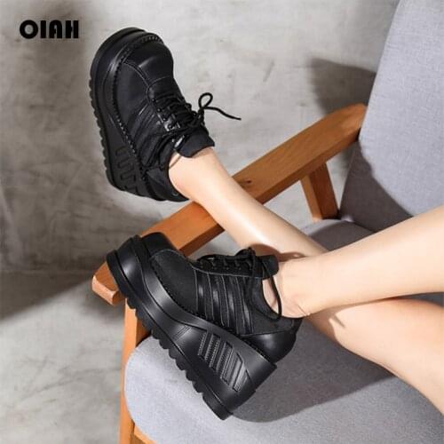 OIAH Women Ankle Boots Dark Punk Style Thick Heel Round Toe Real Leather Footwear 2021 New Vintage Lace-Up Lady Shoes In Winter