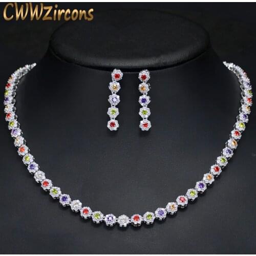 CWWZircons Multi Color Cubic Zirconia Women Wedding Choker Necklace And Earrings Sets Elegant Women Party Costume jewelry T119