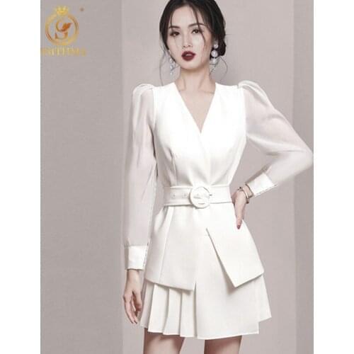 SMTHMA French Vintage White Two-Piece Shorts Suit Female Work Style Elegant Puff Long-Sleeved Temperament Lace Up Tops Sets