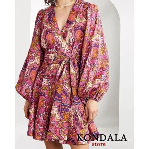 KONDALA Za 2020 Women Dress Floral Print Vintage V-Neck Sashes Party Mini Dress Long Sleeve Holiday Vestidos Mujer