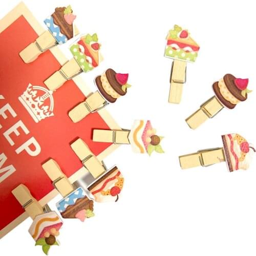 10pcs Cartoon Wooden Paper Clip Cake Cookie Photo Wall Paperclips Decoration Memo Paper Clip Clothespins Decorative