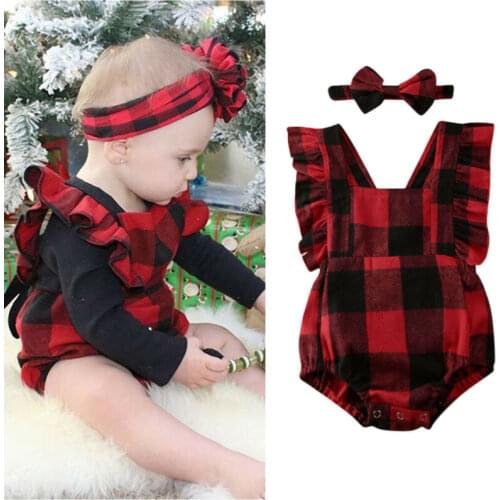 2Pcs Infant Baby Boy Girl Ruffle Romper Xmas Red Plaid Sleeveless Jumpsuit Baby Boy Girl Cotton Backless Clothes Outfit 0-18M