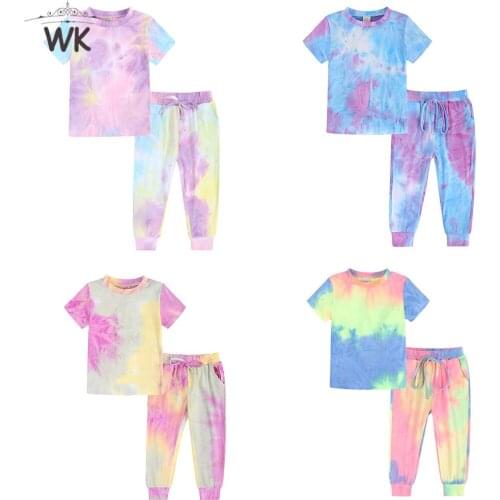 2021 Summer Kids Tie Dye Sports Clothing Sets Children Fashion Pullover Short Sleeve O Neck T Shirt Top+Casual Long Pant 2 Suits