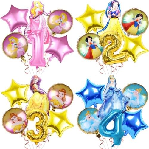 6pcs Large Aurora Belle Snow White Six Princess Foil Balloons Baby Birthday Party Decorations Kids Helium Balls Toys 32'' Number