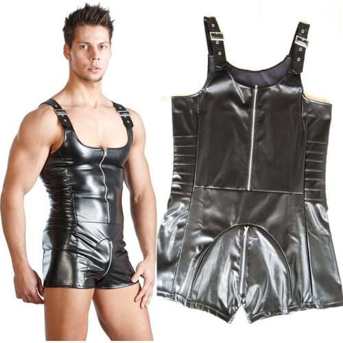Excellent Fashion Men Sexy PU Leather Bondage Bodysuit Fetish Gay Male Clubwear Catsuit Front Zipper Jockstrap Lingerie M-XXL