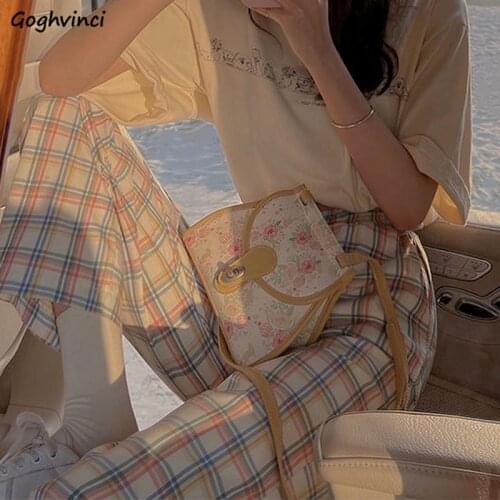 Casual Pants Women Drawstring Female Loose Wide Leg Trouser Girlish Spring Plaid Street Style Korean Preppy Student Stylish Chic