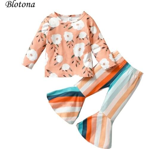 Blotona 2Pcs Baby Spring Autumn Outfits, Floral Long Sleeve T-Shirt+Rainbow Striped Bell-Bottom Pants for Little Girls, 1-5Years