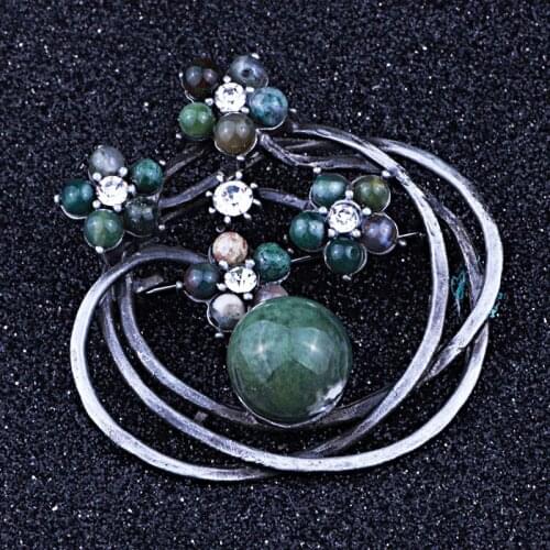 FARLENA Jewelry Black Gun Plated Natural Stone Beads Round Shape Brooch Pins Vintage Crystal Brooches for Women