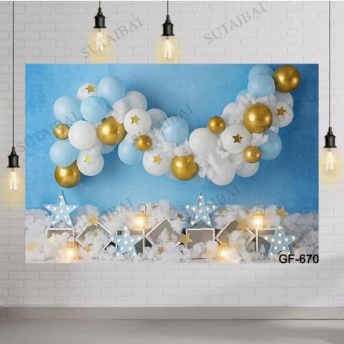 Photography Background Blue Gold Twinkle Little Star Moon White Cloud Ballons Newborn Portrait Cake Smash Backdrop Photo Studio