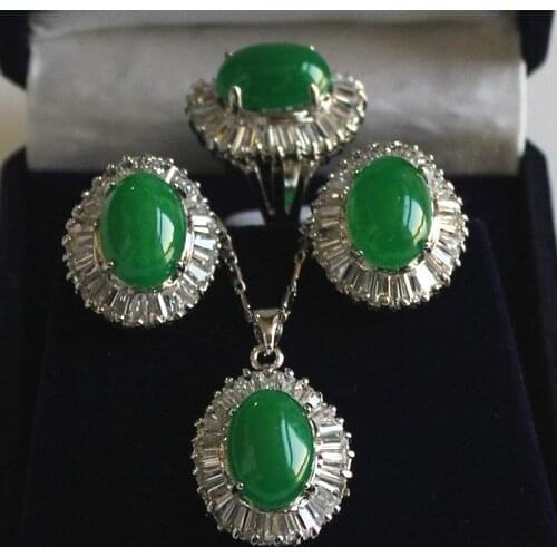 GP silver tones green jade Inlay oval Pendant Bracelet earrings Set
