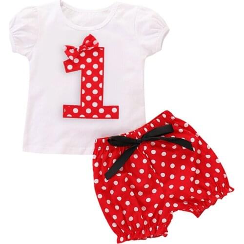 2 Piece Baby Girls Set Kid Child Polka Dot Print Shorts Pants + T-shirt Tops Outfit for Birthday Party Photo Shoot Girls Clothes