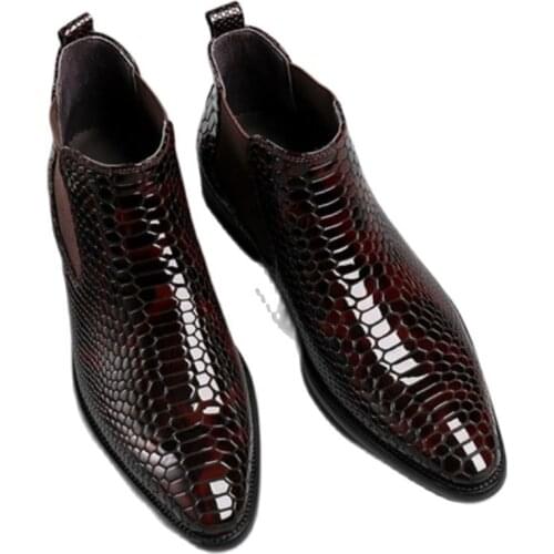 Patent leather shoes, snakeskin boots, shiny leather boots, Chelsea boots, European pointed, made of pure leather