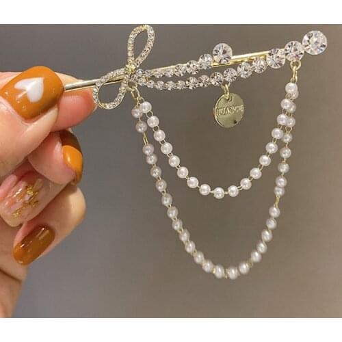 MOGAKU Fashion Pearl Chain Barrettes Women Newest Crystal Bowknot Hair Clip Bohemia Party Hairgripes Girls Headwear Hair Jewelry